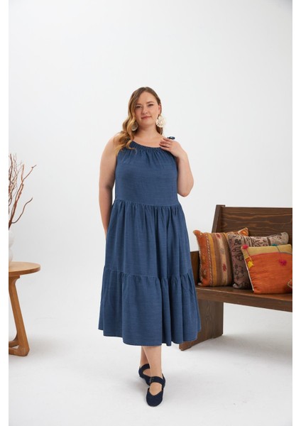 Lastik Büzgülü Kare Yaka Büyük Beden Günlük Elbise Mavi fiyatları
