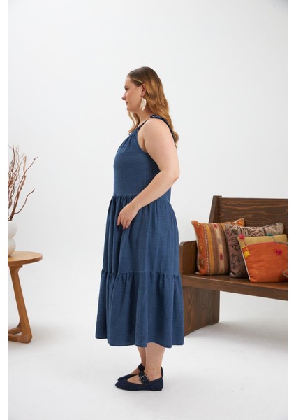 Lastik Büzgülü Kare Yaka Büyük Beden Günlük Elbise Mavi modelleri