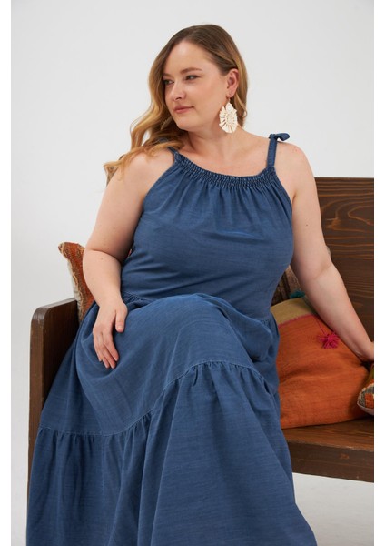 Lastik Büzgülü Kare Yaka Büyük Beden Günlük Elbise Mavi indirimleri