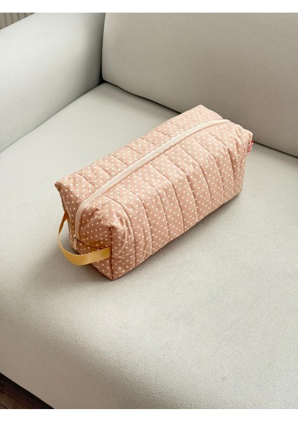 Kalp Desenli Bej Saç Şekillendirici Çantası 35x14x12 cm, Dyson Uyumlu XXL Makyaj ve Kozmetik Organizer, %100 Pamuklu, 30 Derecede Yıkanabilir, Seyahat ve Hediye İçin Ideal