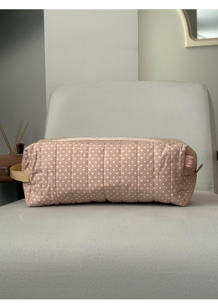 Kalp Desenli Bej Saç Şekillendirici Çantası 35x14x12 cm, Dyson Uyumlu XXL Makyaj ve Kozmetik Organizer, %100 Pamuklu, 30 Derecede Yıkanabilir, Seyahat ve Hediye İçin Ideal