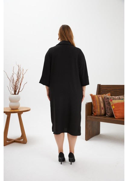 Yaka Broş Detaylı Yırtmaçlı Büyük Beden Elbise Siyah indirimleri