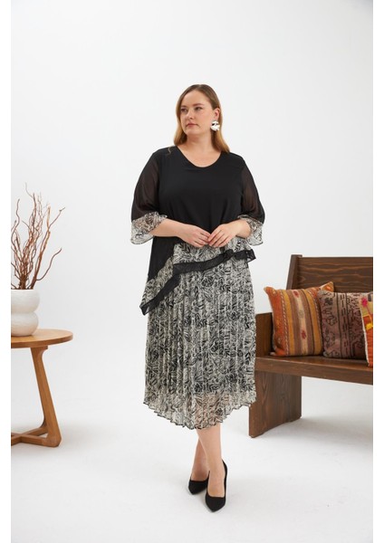 Asimetrik Kesim Pileli Büyük Beden Şifon Elbise Krem