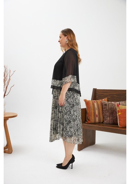 Asimetrik Kesim Pileli Büyük Beden Şifon Elbise Krem modelleri