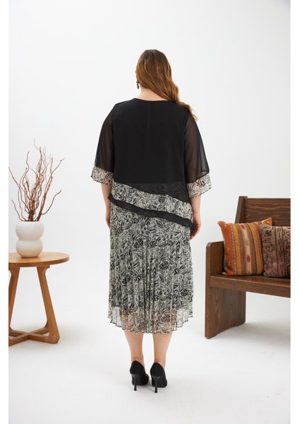 Asimetrik Kesim Pileli Büyük Beden Şifon Elbise Krem indirimleri