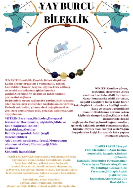 Özel Tasarım Doğal Taş Yay Burcu Bileklik, Unakit, Oniks, Sitrin, Lapis Lazuli, K.kuvars