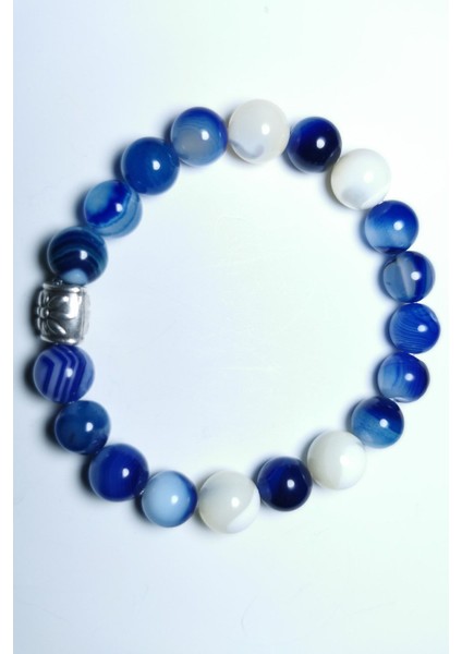 El Yapımı Doğal Taş Bileklik, Mavi Akik ve Sedef Detaylarıyla Şık Tasarım
