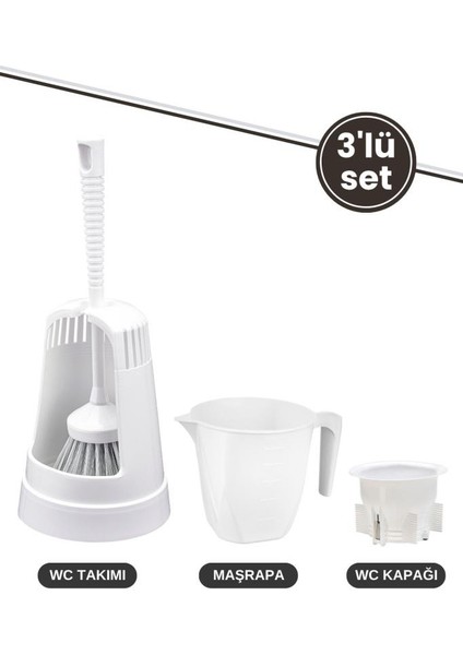 3’lü Wc Tuvalet Temzilk Seti, Klasik Wc Fırça Takımı + Maşrapa 1,5 Lt + Sessiz Wc Kapağı Seti Beyaz