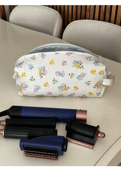 Mavi Çıtır Çiçek Desenli Saç Şekillendirici Için Seyahat Çantası , Büyük Boy Makyaj Çantası, Dyson uyumlu saç şekillendirici çantası, XXL kozmetik ve Makyaj Çantası