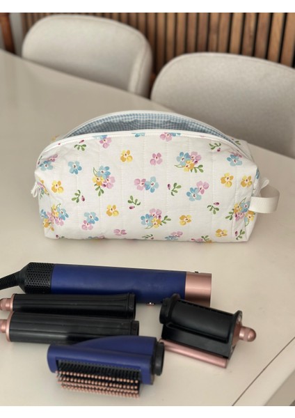 Mavi Çıtır Çiçek Desenli Saç Şekillendirici Için Seyahat Çantası , Büyük Boy Makyaj Çantası, Dyson uyumlu saç şekillendirici çantası, XXL kozmetik ve Makyaj Çantası