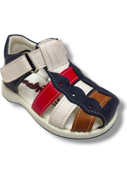 3014-20 Anatomik Önü Kapali 3 Şeritli Erkek Çocuk Sandalet Lacivert Kırmızı 18-20