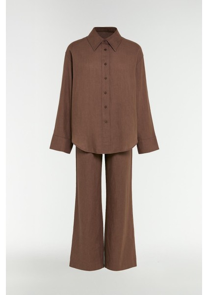 Kol Detaylı Gömlek Pantolon Takım Kahverengi