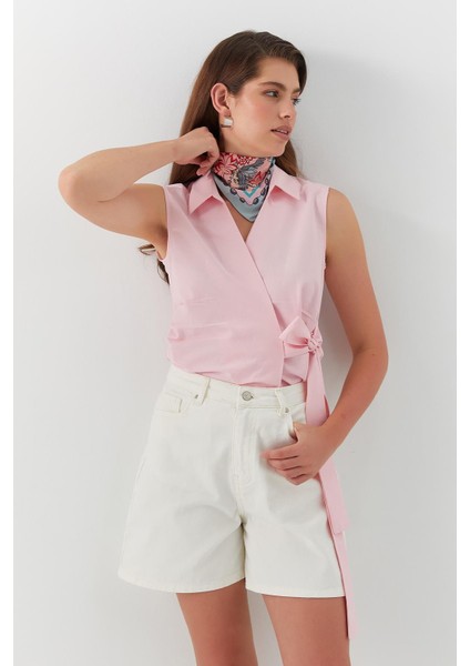 Yüksek Bel Denim Şort Ekru