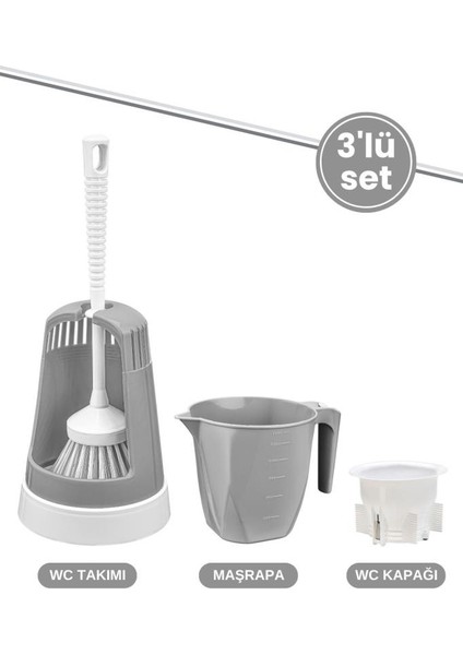 3’lü Wc Tuvalet Temzilk Seti, Klasik Wc Fırça Takımı + Maşrapa 1,5 Lt + Sessiz Wc Kapağı Seti Gri