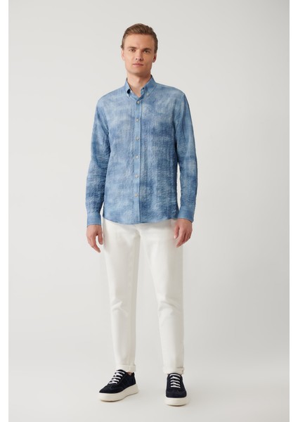 Erkek Mavi Alttan Britli Yaka Pamuklu Kolay Ütülenir Regular Fit Gömlek A41Y2157