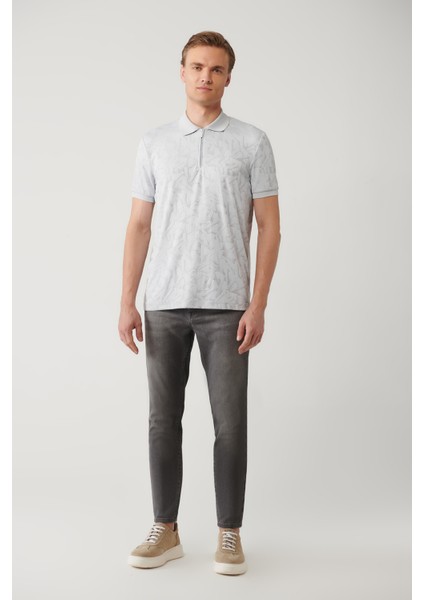 Erkek Gri Fermuarlı Polo Yaka Jakarlı Regular Fit T-shirt A41y1118