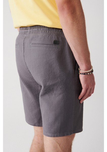 Erkek Antrasit %100 Pamuk Yandan Cepli Beli Lastikli Keten Dokulu Relaxed Fit Şort E003603