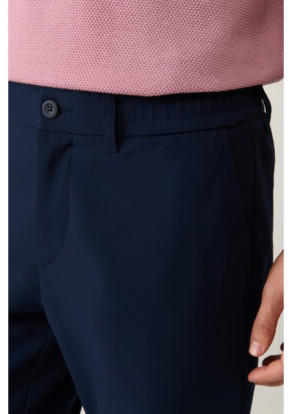 Erkek Lacivert Zeugma Slim Fit Pantolon Beli Lastikli 360 Derece Esnek Teknik Kumaş A41y3077