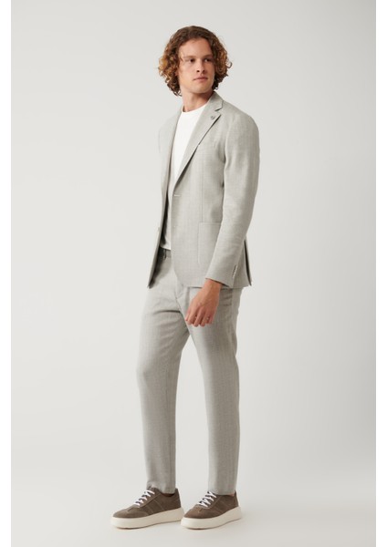 Erkek Gri Astarsız Keten Karışımlı Lightweight Comfort Slim Fit Ceket A41Y4029