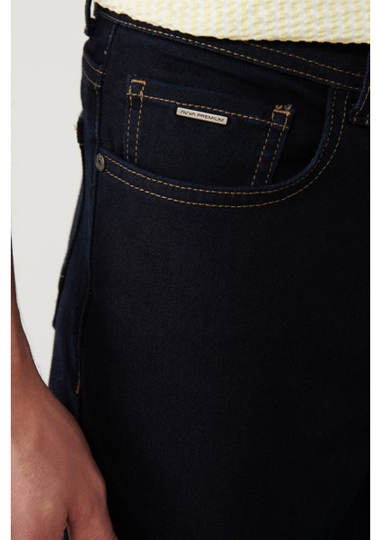Erkek Lacivert Jean Pantolon Rinse Yıkamalı Tütün Dikişli Esnek Slim Fit A41y3511