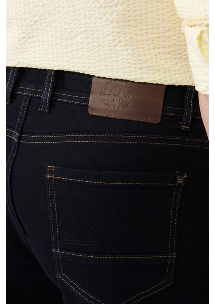 Erkek Lacivert Jean Pantolon Rinse Yıkamalı Tütün Dikişli Esnek Slim Fit A41y3511