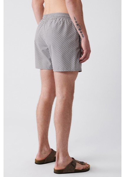 Gri-beyaz Hızlı Kuruyan Baskılı Standart Boy Comfort Fit Mayo Deniz Şortu E003802