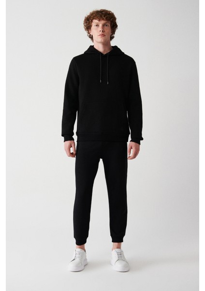 Erkek Siyah Unisex Sweatshirt Kapüşonlu Yaka Içi Polarlı 3 Iplik Pamuklu Regular Fit E001018