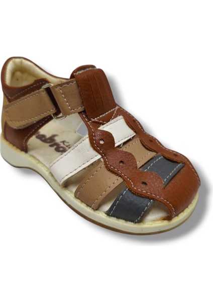3006-20 Anatomik Önü Kapali 3 Şeritli Erkek Çocuk Sandalet Kahve Vizon 21-25