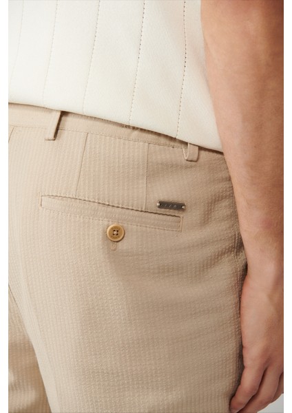 Erkek Bej Beli Lastikli Esnek Kumaşlı Armürlü Slim Fit Pantolon A41y3200