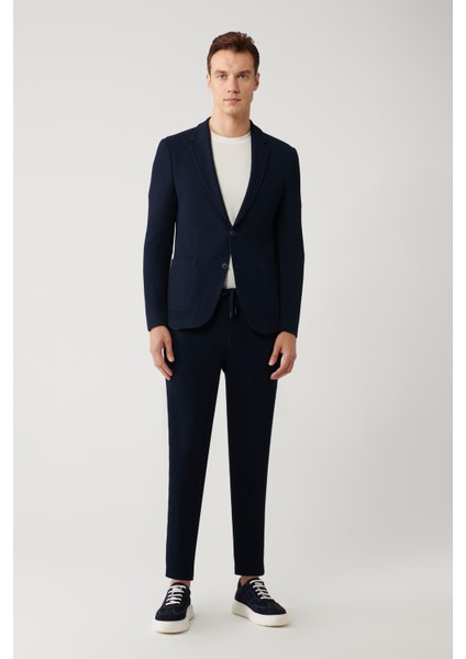 Erkek Lacivert Yırtmaçlı Astarsız Bi-Stretch Kumaş Blazer Comfort Slim Fit Ceket A41Y4032