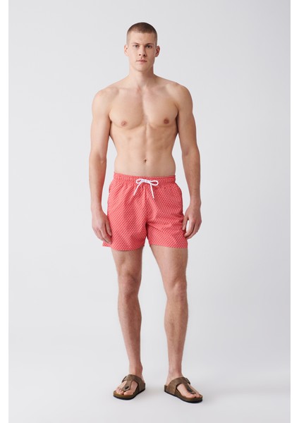 Kırmızı-beyaz Hızlı Kuruyan Baskılı Standart Boy Comfort Fit Mayo Deniz Şortu E003802