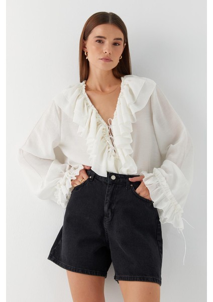 Yüksek Bel Denim Şort Siyah