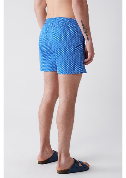 Beyaz-mavi Hızlı Kuruyan Baskılı Standart Boy Comfort Fit Mayo Deniz Şortu E003802