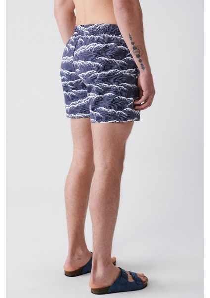 Lacivert Hızlı Kuruyan Baskılı Standart Boy Comfort Fit Mayo Deniz Şortu E003802