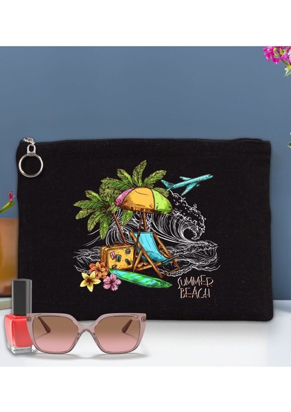 Renkli Yaz Temalı Antrasit Siyah Portföy Çanta 30X21CM, Baskılı El ve Organizer Çanta