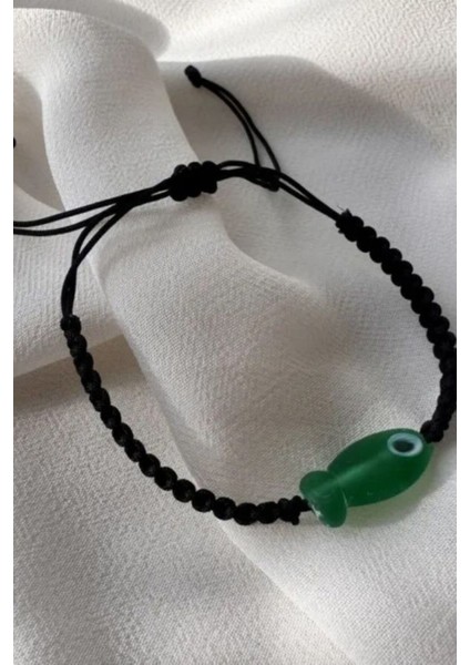 El Yapımı Makrome Ip Murano Cam Balık Model Bileklik, Yeşil