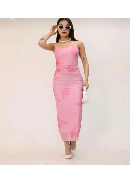 Zr Model Çiçek Desenli Pembe Askılı Midi Elbise