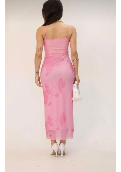 Zr Model Çiçek Desenli Pembe Askılı Midi Elbise fiyatları