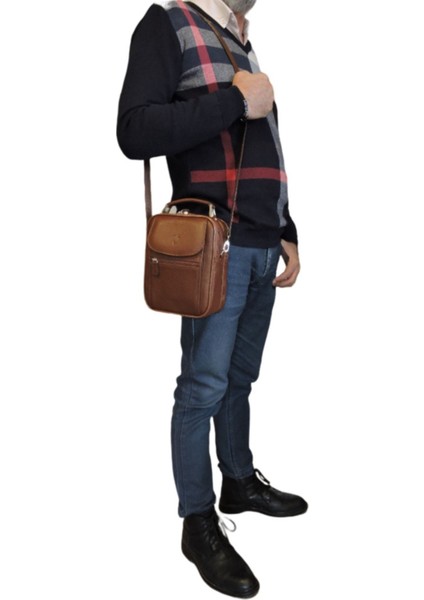 Hakiki Dana Derili Erkek El ve Omuz Askılı Şık Çanta Kahverengi