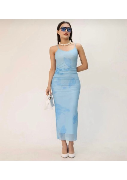 Zr Model Çiçek Desenli Askılı Midi Elbise