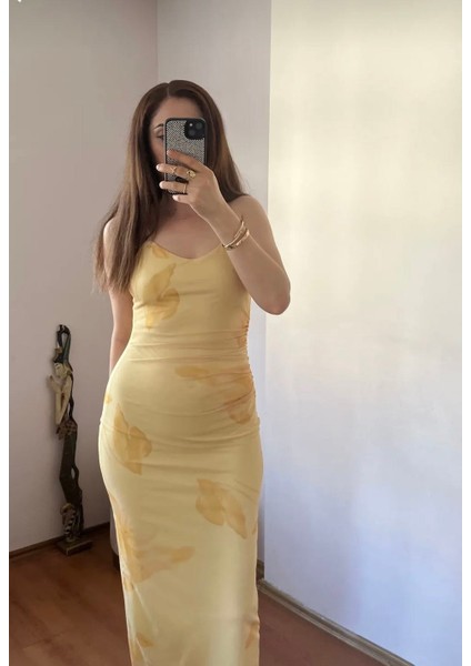 Zr Model Çiçek Desenli Askılı Midi Elbise