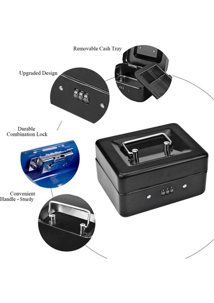 Kilitli Saklama Tepsili Dayanıklı Metal Para Kutusu - Şifreli Kilitli Küçük Para Kutusu 15 x 12 x 7,7 cm (Siyah) (Yurt Dışından) fiyatları