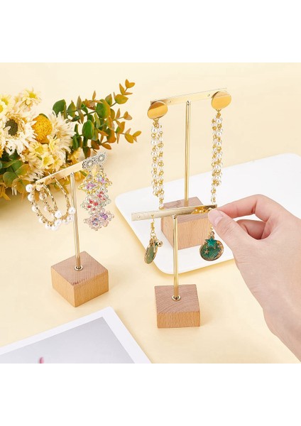 3 Adet Altın Metal T Küpe Ekran Standı Ahşap Kare Taban ile 4 Delik Takı Tutucular Asılı Küpe Organizatör (Yurt Dışından) fırsatları