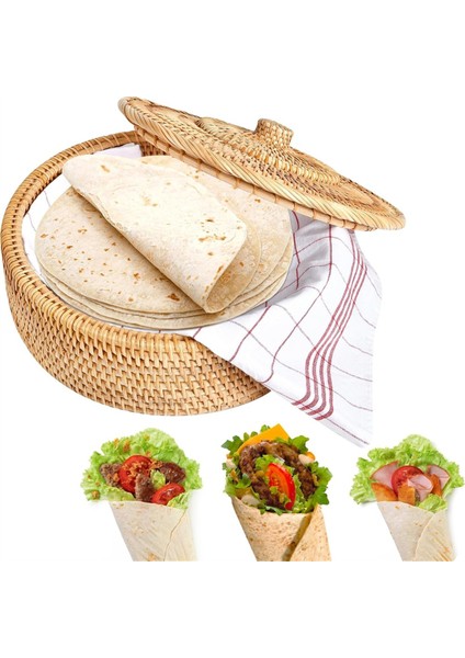 Kapaklı Yuvarlak Rattan Kutular El Dokuma Çok Amaçlı Hasır Tepsi 10.2 Inç Piknik Yemeği Ekmek Masası Saklama Sepeti (Yurt Dışından)