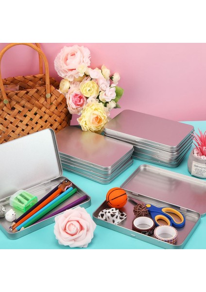 Kapaklı Dikdörtgen Metal Teneke Kutu Metal Menteşeli Kapaklı Teneke Metal Boş Teneke Kutu Konteyner Gümüş Saklama Teneke Kutu, 4 Adet (Yurt Dışından) modelleri