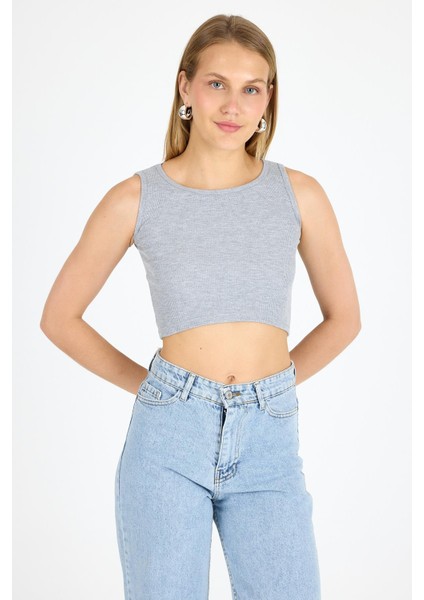 Kadın Pamuklu Fitilli Halter Yaka Kalın Askılı Crop Gri modelleri