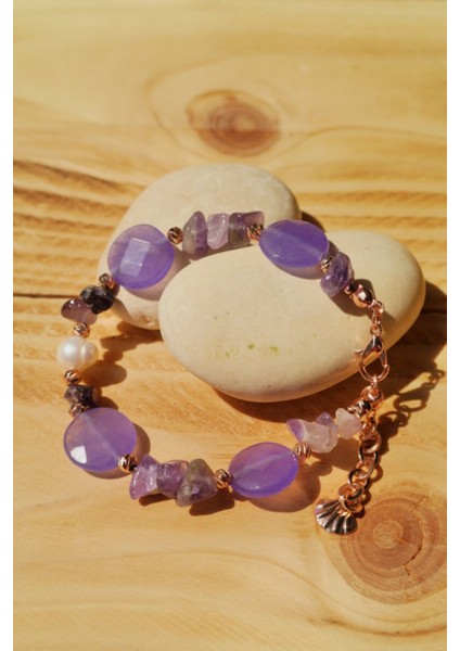 Mor Ametist ve Özel Kesim Ceyt Doğal Taşlı Şık Bileklik