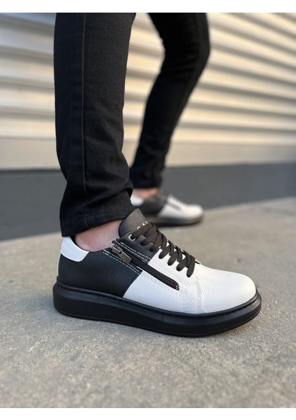 JET-155 Warrior Bağcıklı ve Fermuarlı Cilt Erkek Günlük Sneaker Ayakkabı Cst - Siyah/beyaz