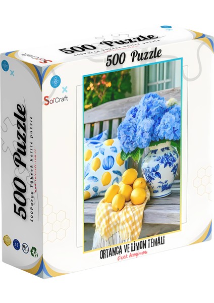 500 Parça Puzzle Çiçek Aranjmanı, Mavi Ortanca ve Limon Temalı