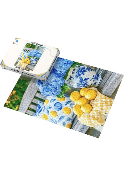 500 Parça Puzzle Çiçek Aranjmanı, Mavi Ortanca ve Limon Temalı modelleri